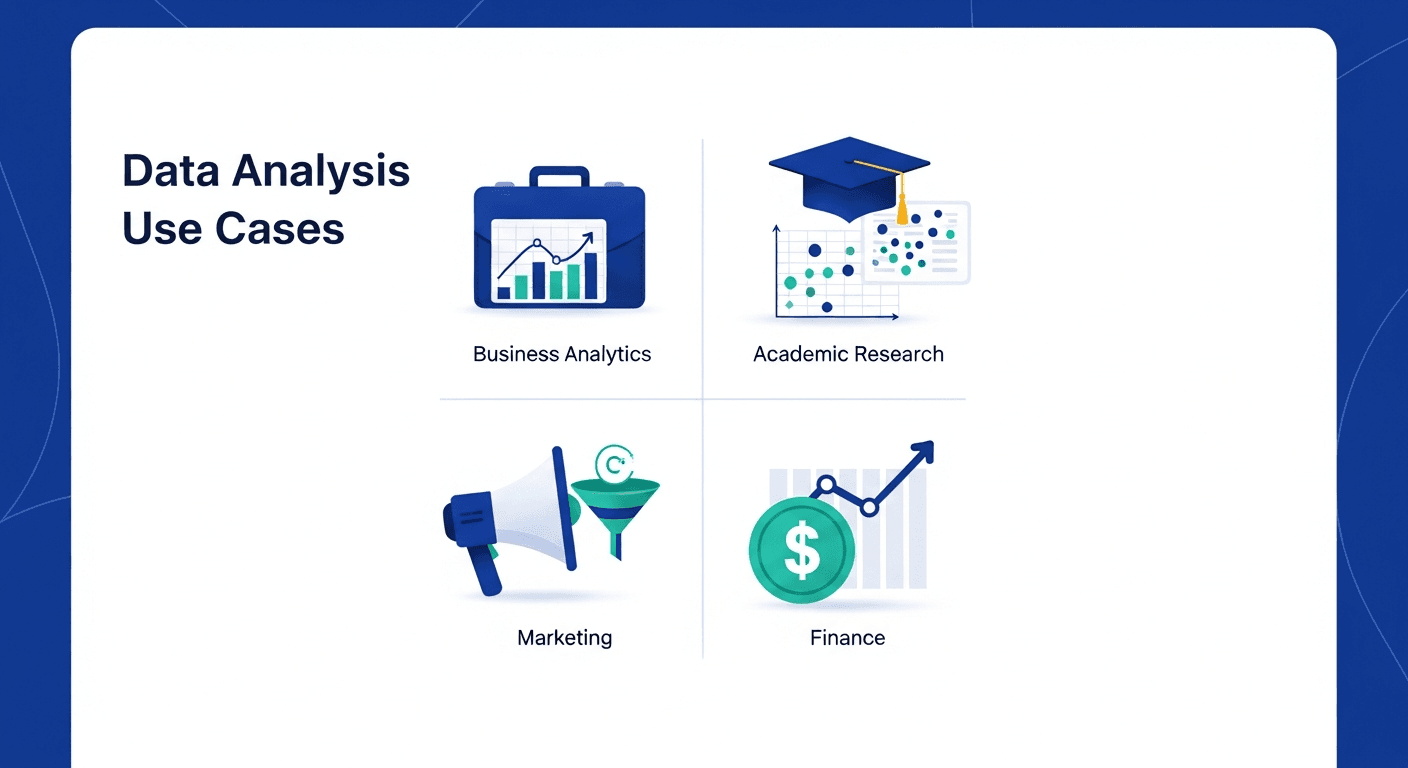 AI data analysis use cases — business analytics, academic research, marketing analysis, and financial analysis